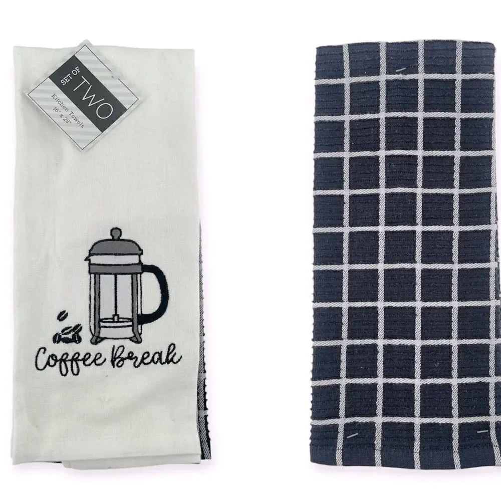 COFFEE BREAK Embroidered Cotton Black White Kitchen Towels, Set of 2, 16” x 28”